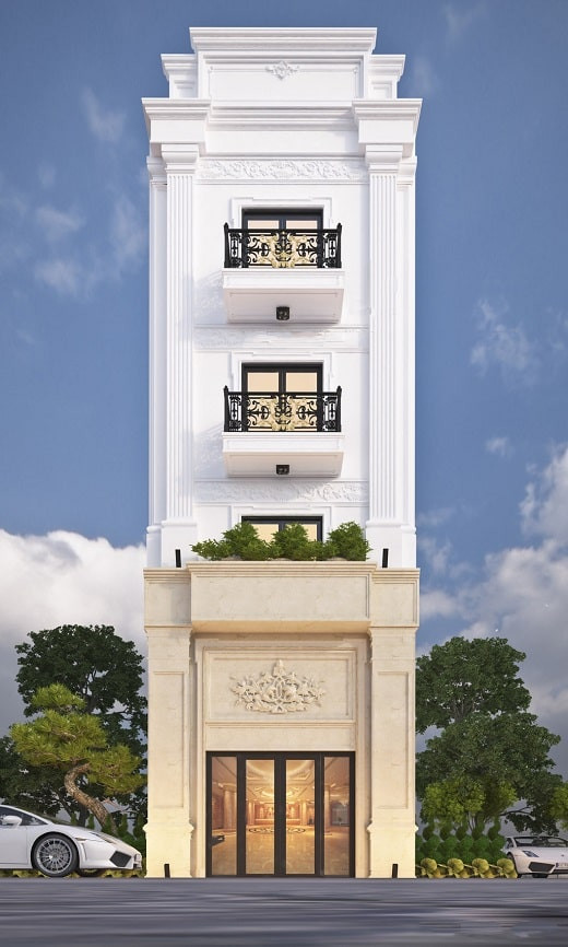 Phần diềm mái trang trí hoạ tiết tinh xảo kiểu Pháp giúp nhà phố trở nên tráng lệ, uy nghi. Ảnh: Kientrucboba.