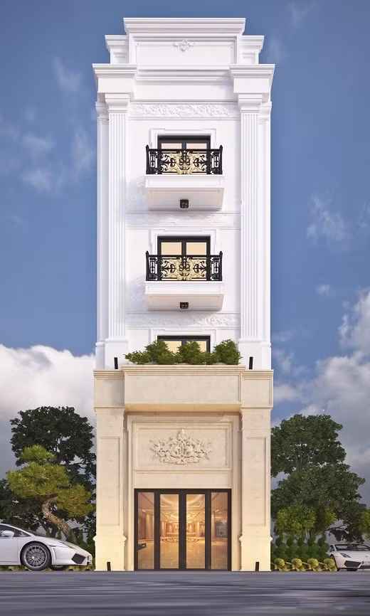 Phần diềm mái trang trí hoạ tiết tinh xảo kiểu Pháp giúp nhà phố trở nên tráng lệ, uy nghi. Ảnh: Kientrucboba.