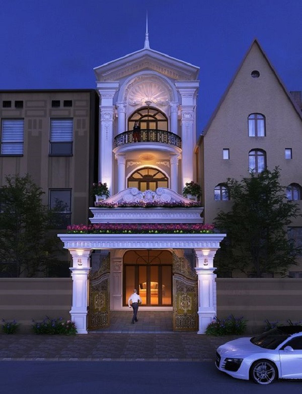 Các vật liệu tự nhiên như đá hoa cương, sắt được chế tác cầu kỳ thể hiện rõ phong cách cổ điển châu Âu. Ảnh: Xaydungso.