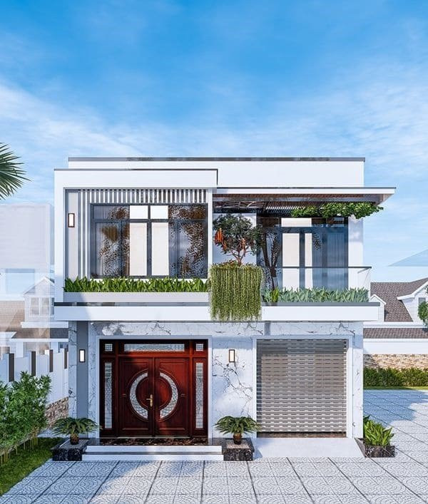 Với mặt tiền 8m, nhà ống 2 tầng dễ dàng tích hợp gara để ô tô, vừa thuận tiện vừa gia tăng được công năng cho ngôi nhà. Ảnh: Wedo. Video: Độc đáo cách tạo lối vào nhà. Nguồn: VTC1