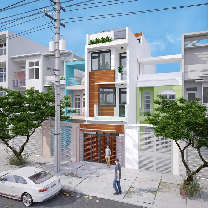 Mẫu thiết kế nhà phố 3 tầng 1 tum diện tích gần 70m2, gồm 3 phòng ngủ có gara ô tô chi phí 1,1 tỷ đồng. Ảnh: Ktshanoi.