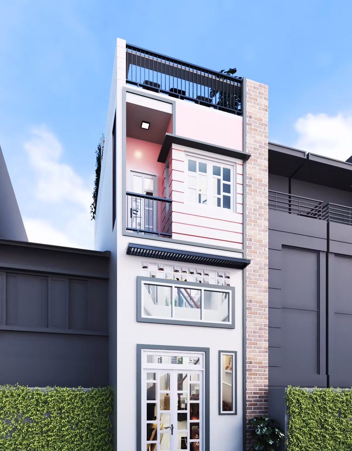 Nhà 3 tầng mặt tiền 4m có gác lửng nổi bật với màu hồng cá tính. Ảnh: Songphat Construction.