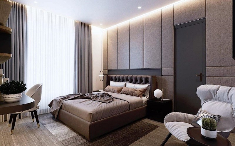 Phòng ngủ được thiết kế đơn giản với màu xám trầm. Ảnh: Baogiaothong.