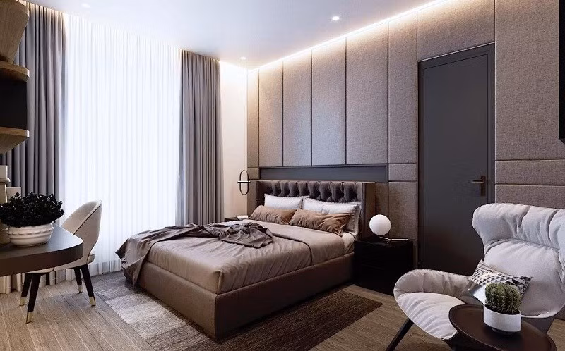 Phòng ngủ được thiết kế đơn giản với màu xám trầm. Ảnh: Baogiaothong.