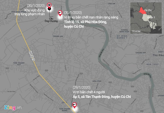 Hành trình nghi can Lê Quốc Tuấn bắn tử vong 5 người. Đồ họa: Nhân Lê. Chiều 29/1, Lê Quốc Tuấn cùng Lê Quốc Minh (27 tuổi, ngụ huyện Củ Chi) mang theo súng AK đến điểm đánh bạc ở vườn nhãn thuộc ấp 5, xã Tân Thạnh Đông, huyện Củ Chi. Tại đây, Tuấn xả súng vào đám đông khiến 4 tử vong và một 1 người khác bị thương. Trên đường bỏ chạy, Tuấn tiếp tục dùng súng khống chế, cướp xe máy của một hộ dân. Ngoài ra, cảnh sát nghi ngờ nghi can này nổ súng sát hại một người khác để cướp xe máy.