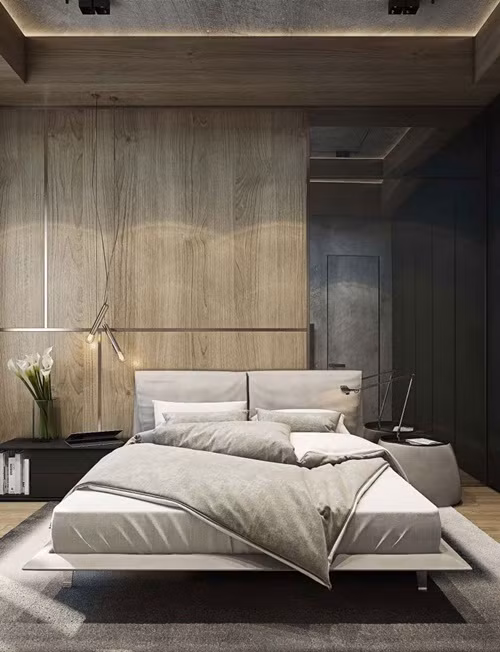 Căn phòng sẽ trở nên ấm áp hơn khi lựa chọn đồ nội thất phòng ngủ làm từ gỗ tự nhiên hay tấm nhựa giả gỗ.