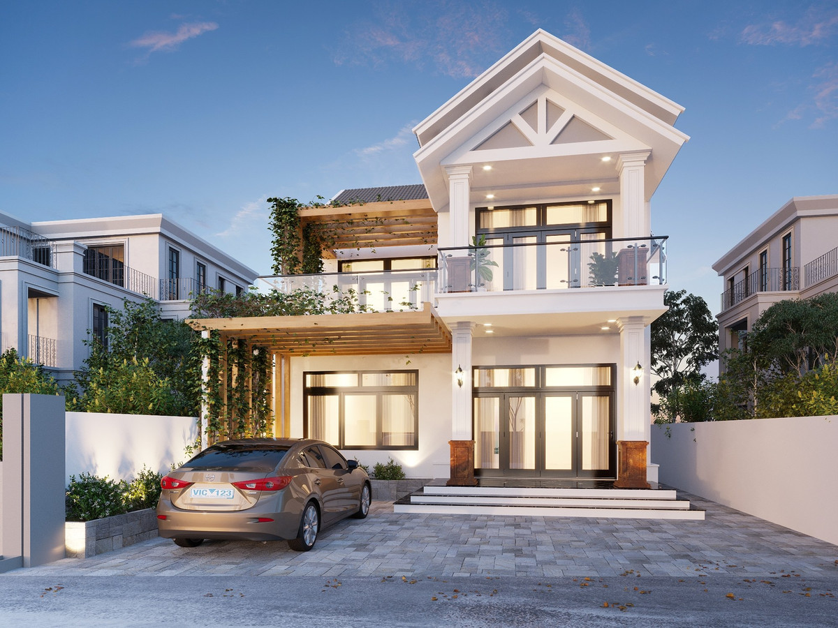 Mái thái khối chữ A, thiết kế cân đối, cùng với giật cấp nhẹ tôn thêm sự bề thế của biệt thự. Ảnh: Wedo.