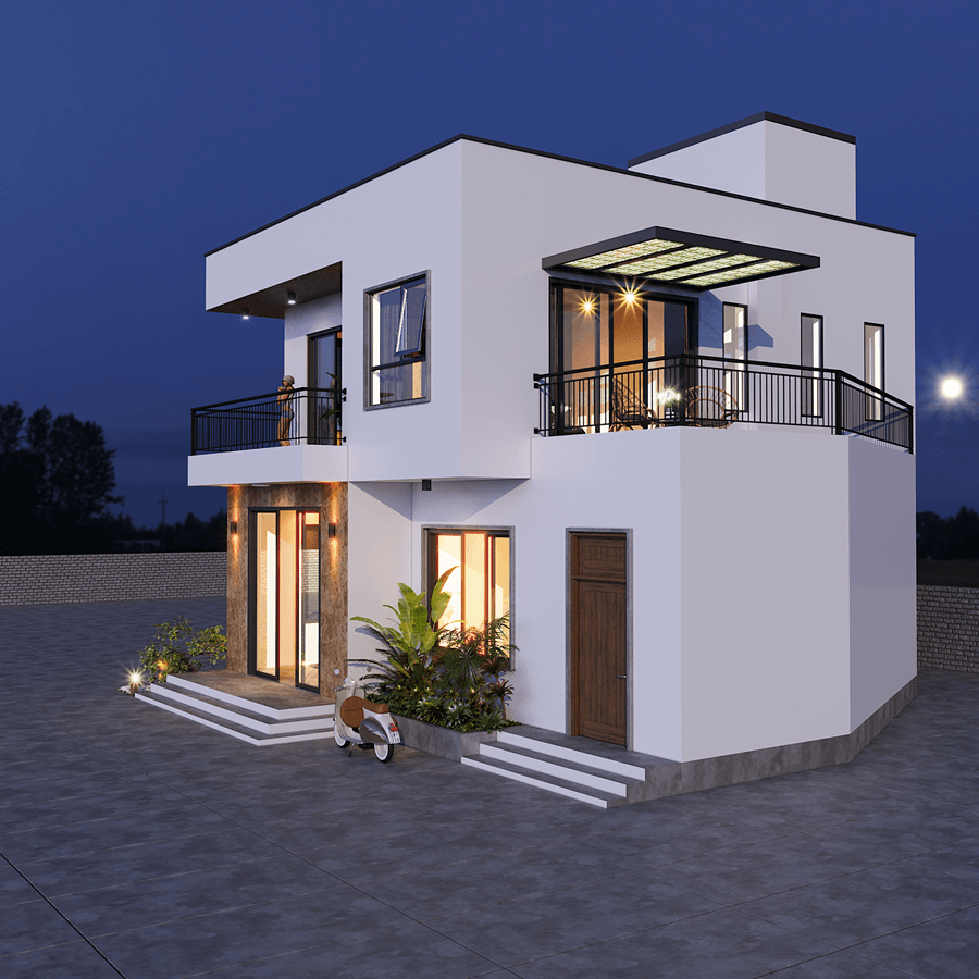 Mẫu biệt thự mini hiện đại mái bằng đẹp thanh thoát với hình khối đơn giản. Ảnh: Wedo.