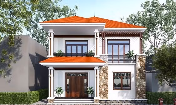 Căn biệt thự gây thương nhớ với kiểu kiến trúc hiện đại, mái thái được lợp bằng ngói đỏ truyền thống. Ảnh: Vtkong.