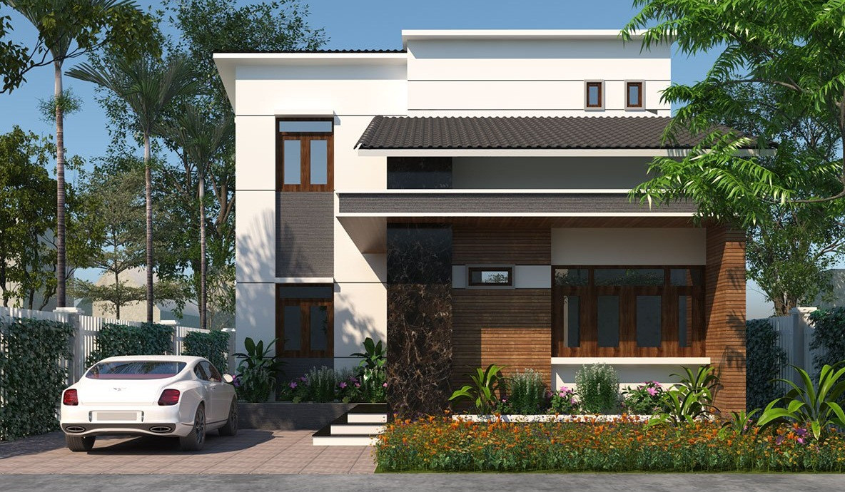 Biệt thự 2 tầng mái thái chia thành 2 khối, khối chính là phòng khách được sử dụng vật liệu cao cấp, tường ốp gạch màu nâu trầm cao cấp. Khối phụ cao hơn, to hơn ở phía sau, được sơn hoàn toàn bằng sơn màu trắng. Ảnh: Thietkethicongnhadep.