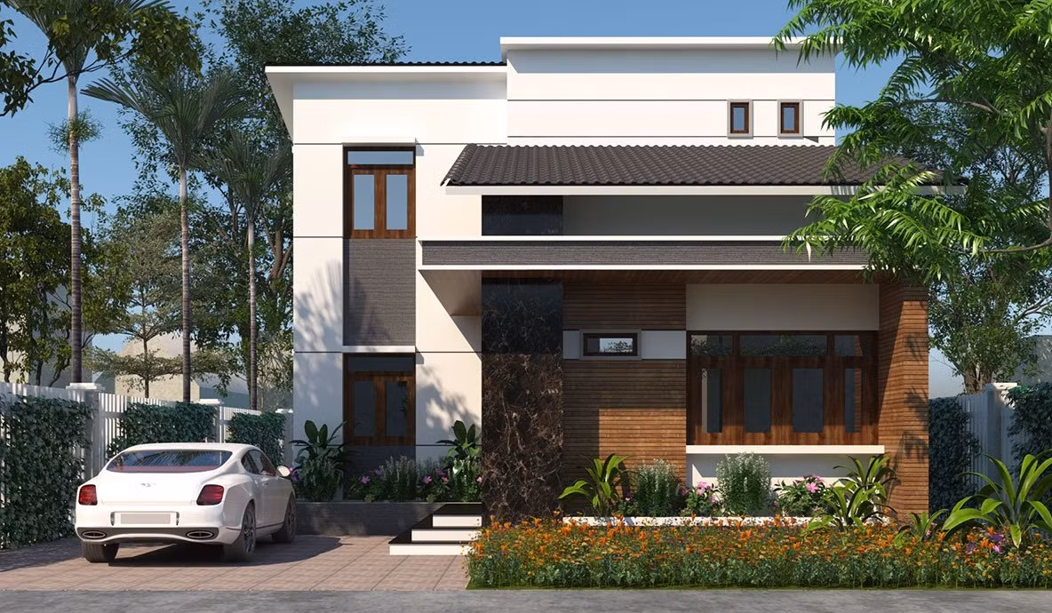 Biệt thự 2 tầng mái thái chia thành 2 khối, khối chính là phòng khách được sử dụng vật liệu cao cấp, tường ốp gạch màu nâu trầm cao cấp. Khối phụ cao hơn, to hơn ở phía sau, được sơn hoàn toàn bằng sơn màu trắng. Ảnh: Thietkethicongnhadep.