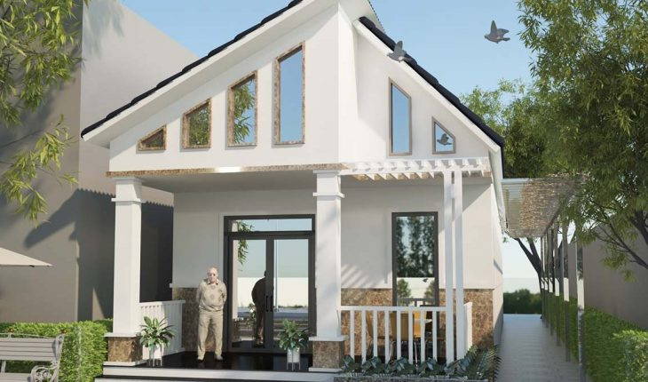 Những chi tiết trang trí hình khối phần trên mái, cũng như trang trí ốp gạch ở chân tường tạo nên sự khác biệt của căn nhà. Ảnh: Vtkong.