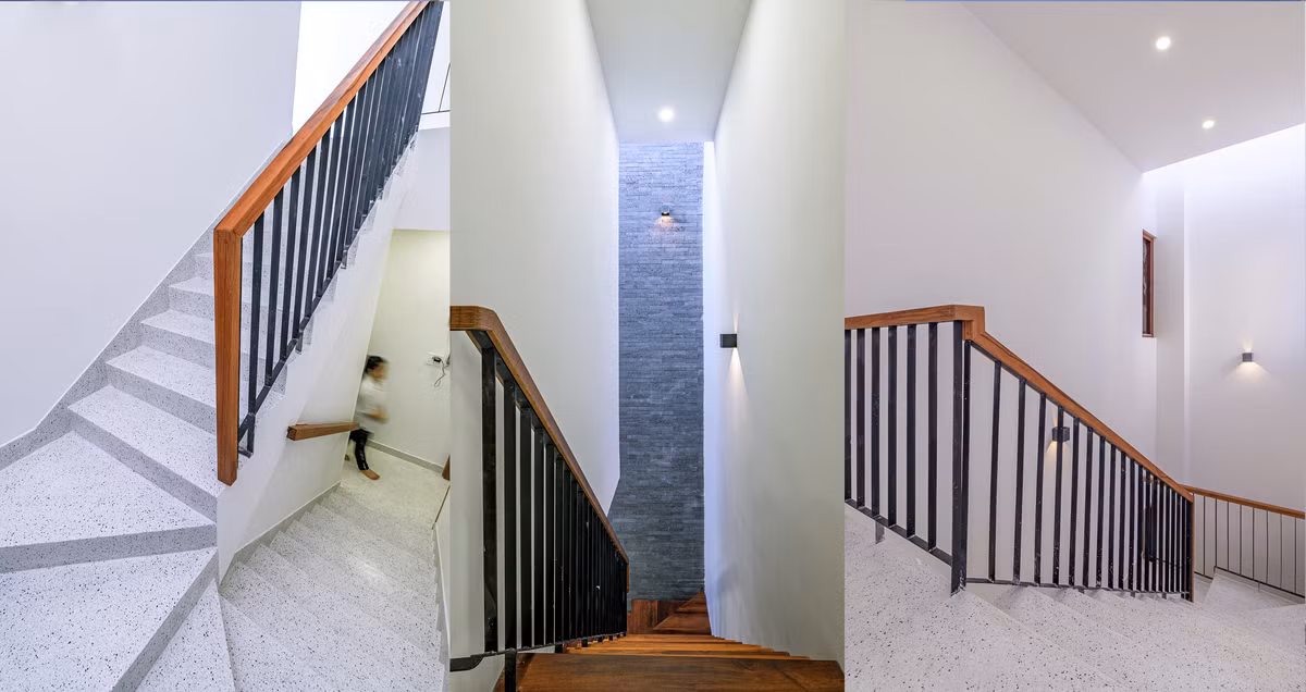 Cầu thang được thay đổi vị trí trong các tầng nhằm sử dụng được diện tích tối ưu nhất cho căn nhà. Nguồn ảnh: Phan Duy Hao. Video: Kiến trúc hiện đại cho ngôi nhà liền kề. Nguồn: VTC1