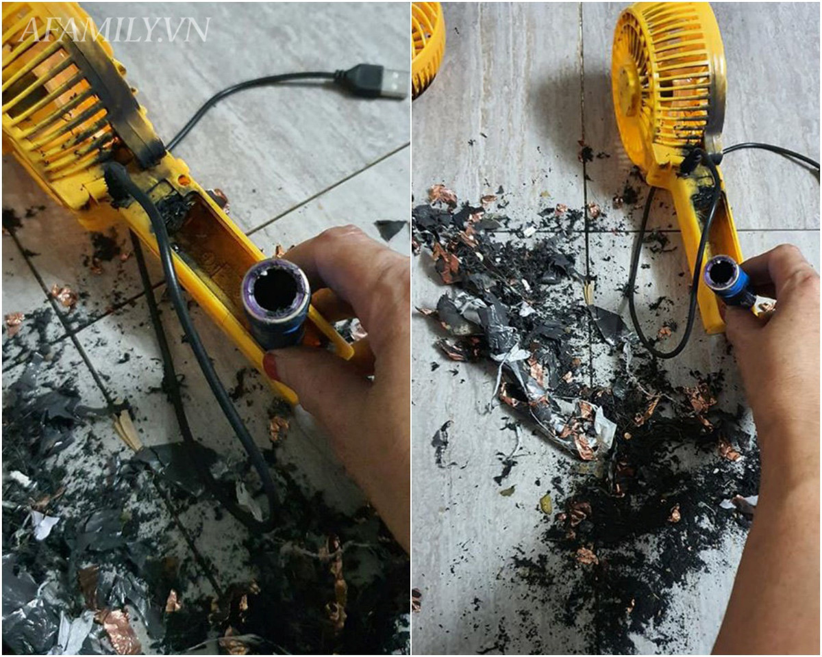 Gần đây, chị Lê H. (Hà Đông, Hà Nội) đã khóc thét vì chiếc quạt cầm tay giá 70.000 bị nổ pin trong khi đang sạc. Rất may mắn trong thời điểm chiếc quạt này nổ, chị H. vẫn còn thức và đã rút điện kịp thời. (Ảnh: AFamily.vn)