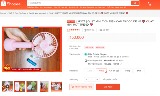 Nhưng cũng vẫn trên thị trường Shopee, lại có những chiếc quạt tích điện có giá tới 260.000 đồng. (Ảnh: Shopee).