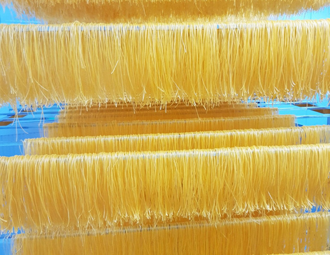 Theo chia sẻ từ phía công ty, nước pha bột trong công đoạn chế biến sẽ được được thay thế một phần bằng nước ép dưa hấu. Thành phẩm bún dưa hấu khô có màu vàng cam đẹp mắt, khi nấu chín thì chuyển sang màu vàng nhạt như mì. Ảnh: Baodansinh.