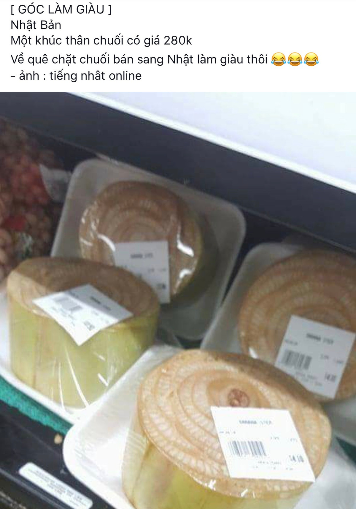 Cách đây khoảng 2 năm, mạng xã hội xôn xao hình ảnh khúc thân chuối dài khoảng 10cm được đóng gói sang chảnh, bày bán trong siêu thị Nhật Bản. Ảnh: Facebook.