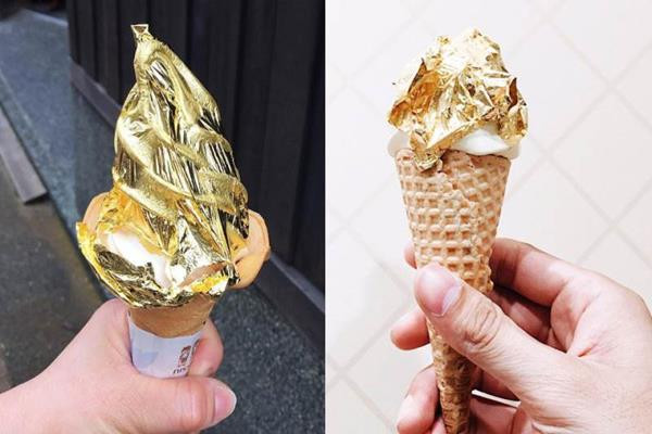 Tại Hà Nội, món kem dát vàng gây sốt trong giới trẻ có giá 89.000 đồng/chiếc. Trong khi ở TP.HCM, loại kem này có giá 150.000 đồng/chiếc với phần kem nhiều hơn hẳn. Ảnh: Dân Việt.