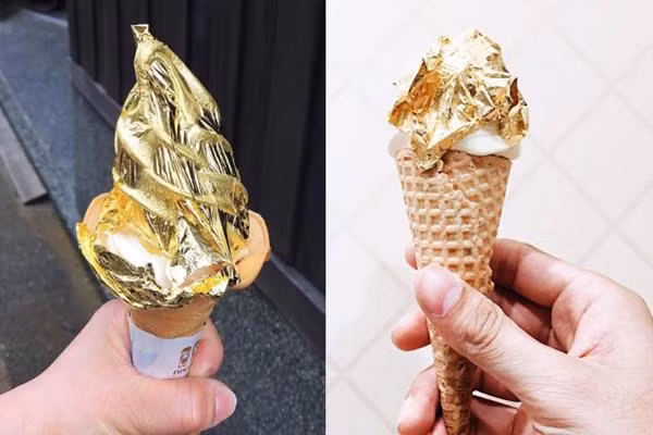 Tại Hà Nội, món kem dát vàng gây sốt trong giới trẻ có giá 89.000 đồng/chiếc. Trong khi ở TP.HCM, loại kem này có giá 150.000 đồng/chiếc với phần kem nhiều hơn hẳn. Ảnh: Dân Việt.