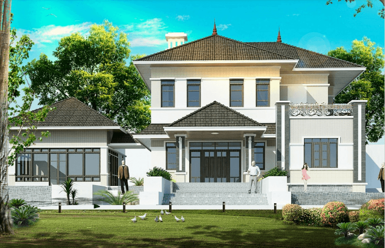 Biệt thự mang kiến trúc hiện đại, hình khối kiên cố và mặt tiền thông thoáng. Ảnh: Wedo.