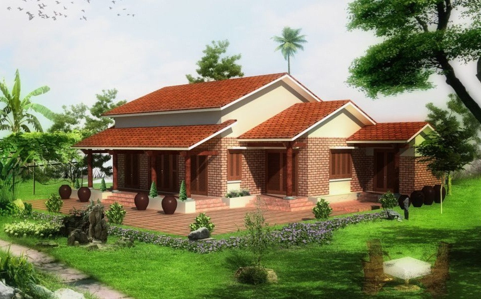 Thiết kế như 1 căn nhà cấp 4 với thiết kế mái ngói, đây là mẫu nhà biệt thự thích hợp cho những chủ nhà có chi phí xây dựng thấp. Ảnh: Anphudesign.