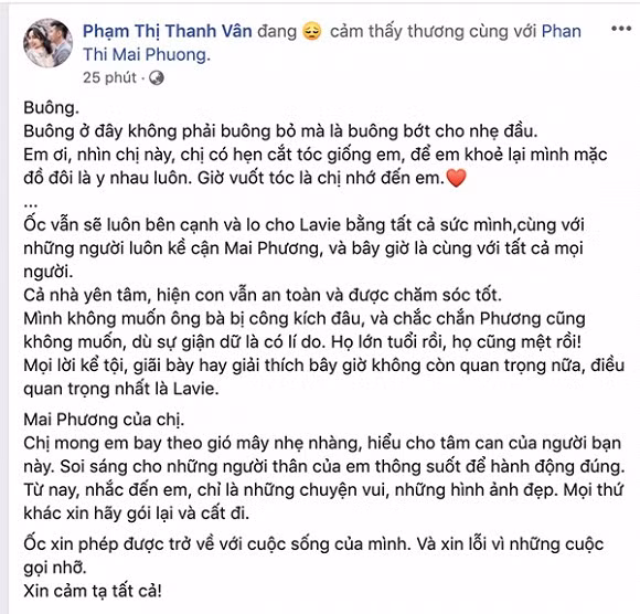 Sau những ngày im lặng vì quá mệt mỏi lo đám tang cho người em quá cố, mới đây, trên trang cá nhân Ốc Thanh Vân khẳng định sẽ ở bên cạnh và bảo vệ bé Lavie (con gái Mai Phương) bằng mọi cách.