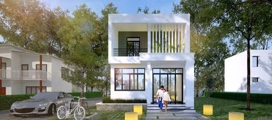 Biệt thự 2 tầng mini với tổng diện tích 1 sàn là 45m2. Tầng 1 gồm 1 nhà vệ sinh, khu vực phòng bếp, phòng ăn và khu vực phòng khách. Tầng 2 gồm 2 phòng ngủ nhỏ và 1 nhà vệ sinh. Ảnh: Thietkethicongnhadep.