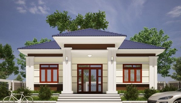 Biệt thự 1 tầng mái thái có diện tích 90m2 công năng 3 phòng ngủ, 1 vệ sinh, 1 phòng khách, 1 phòng bếp, ăn. Ảnh: Thietkethicongnhadep.