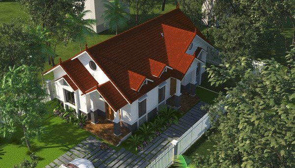 Mái đỏ và không gian sân vườn rộng rãi là điểm nhấn của biệt thự 1 tầng. Ảnh: Thietkethicongnhadep. Video: Kiến trúc hiện đại cho ngôi nhà liền kề. Nguồn: VTC1