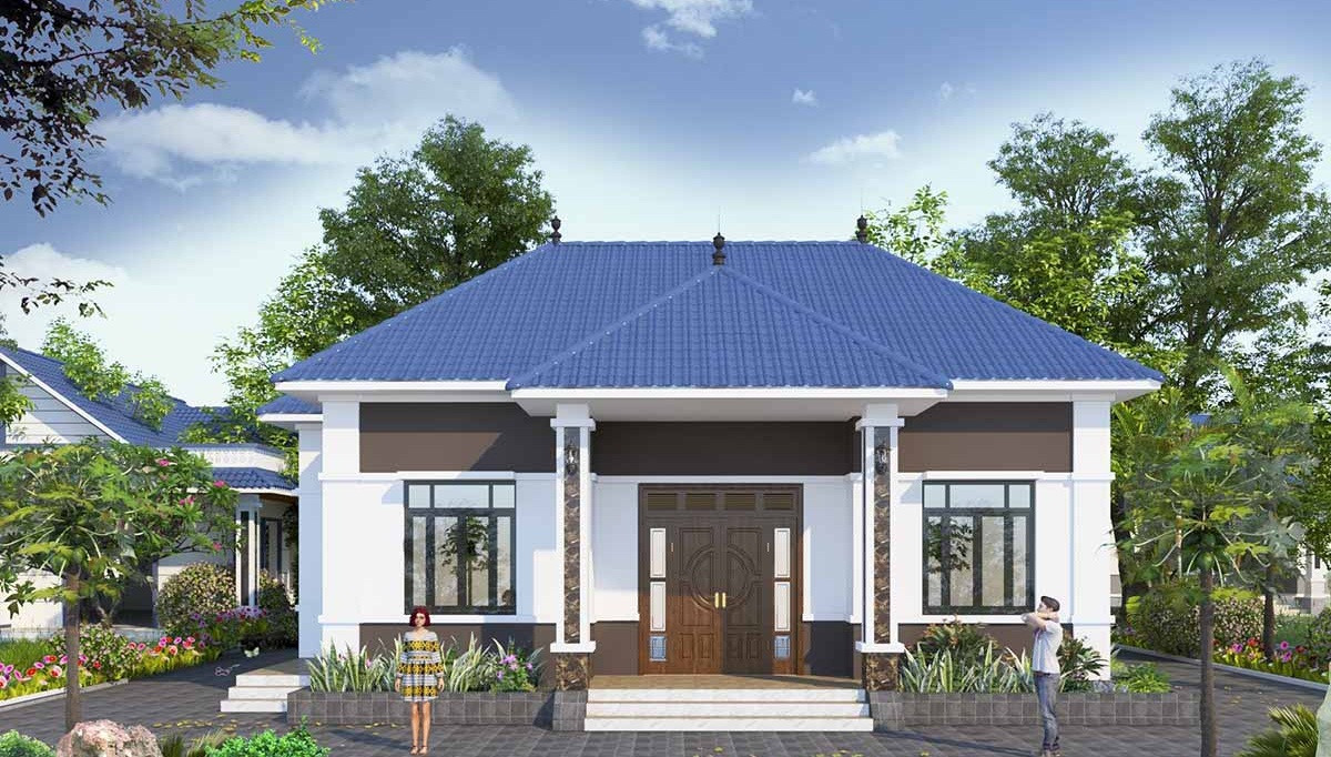 Mẫu biệt thự vườn 1 tầng được thiết kế theo cấu trúc đối xứng từ cột, cửa cho đến mái. Ảnh: Vtkong.