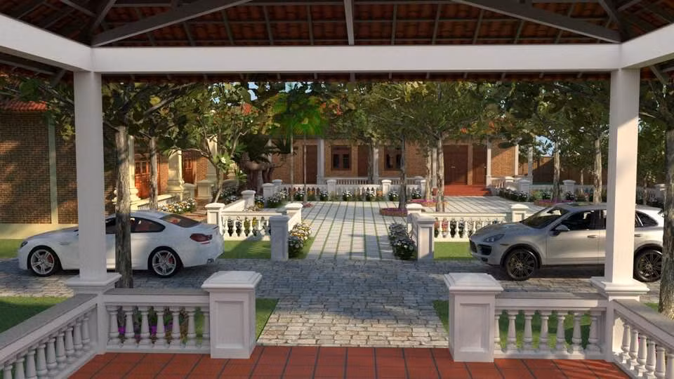 Trong khuôn viên hàng ngàn m2 là hàng loạt cây cổ thụ, cùng với nhiều cây ăn quả lớn xum xuê. Ảnh: FBNV.