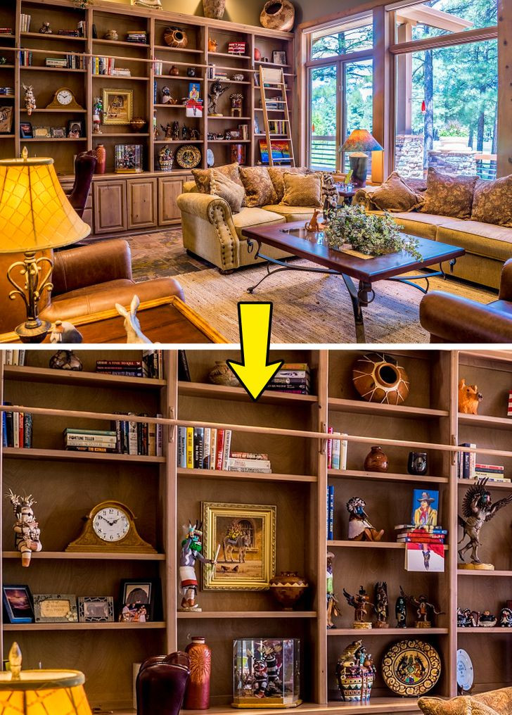 Giá sách lớn vừa giúp trang trí vừa là nơi lưu trữ đồ.