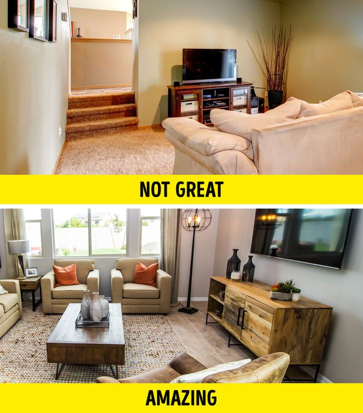 Thay vì sử dụng kệ hãy treo ti vi ở trên tường. Cách này sẽ giúp tiết kiệm tối đa diện tích.