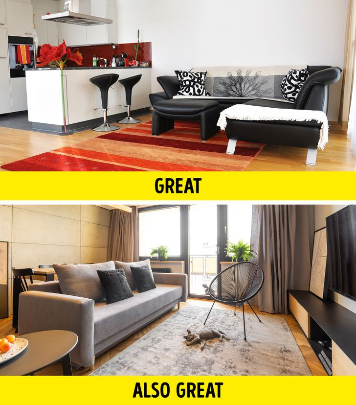 Để phân chia hai không gian chức năng như phòng khách và bếp, bạn có thể sử dụng giá sách, vách kính, rèm...