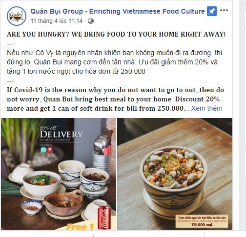 Mới đây, Quán Bụi của Mai Phương Thúy cũng tung ra chương trình khuyến mãi thu hút khách hàng trong mùa dịch.