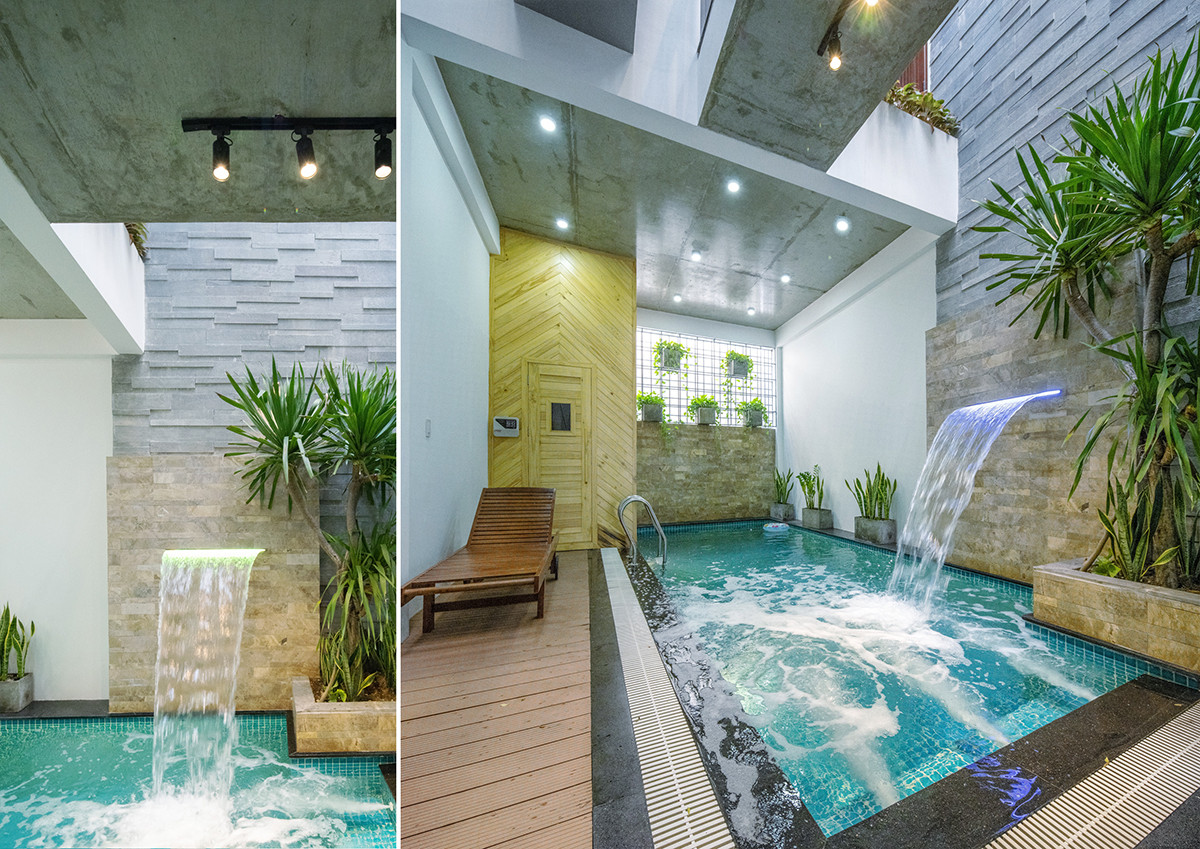 Thiết kế này giúp giảm ánh nắng chiếu trực tiếp xuống các phòng, nhưng vẫn đưa được lượng ánh sáng lớn xuống đến hồ bơi tầng 1 và đối lưu gió tốt nhất cho ngôi nhà.