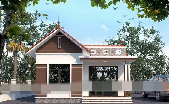 Căn nhà được thiết kế lạ mắt với phần mái chia làm 2 kiểu, mặt tiền sảnh được thiết kế mái bằng và phần còn lại thiết kế theo kiểu mái thái xuôi 2 bên đối xứng. Ảnh: Vtkong.