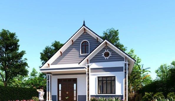 Dù được lược bỏ những đường nét trang trí cầu kỳ, phức tạp nhưng căn nhà không hề đơn điệu, nhàm chán mà vẫn nổi bật nhờ phần mái thiết kế theo kiểu mái thái. Ảnh: Vtkong.