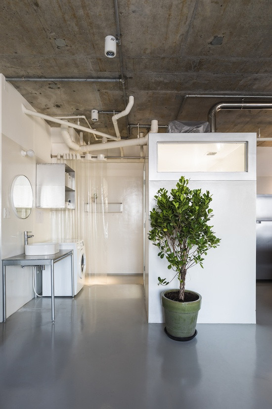 Rèm che trong suốt giúp nước không bắn ra ngoài. Nguồn ảnh: Hyroyuki Oki. Video: Biến nhà cũ 25m2 thành căn hộ đáng sống. Nguồn: VTC1.