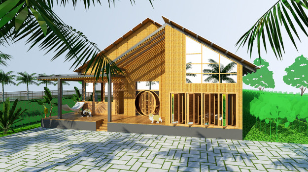 Điểm độc đáo của ngôi nhà là tường hoàn toàn dùng tre để dựng kết hợp với trụ đỡ bằng thép vững chắc. Ảnh: Tapchikientruc