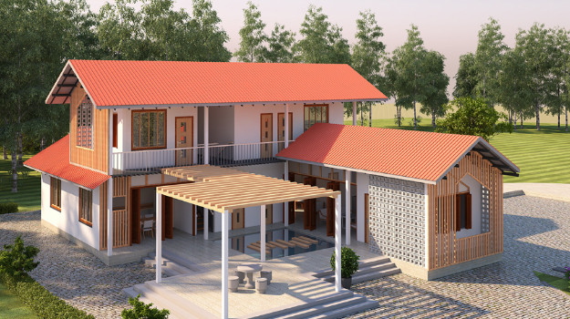 Nhà 2 tầng kết hợp các gian thành hình chữ L phù hợp cho gia đình đông người. Ảnh: Tapchikientruc