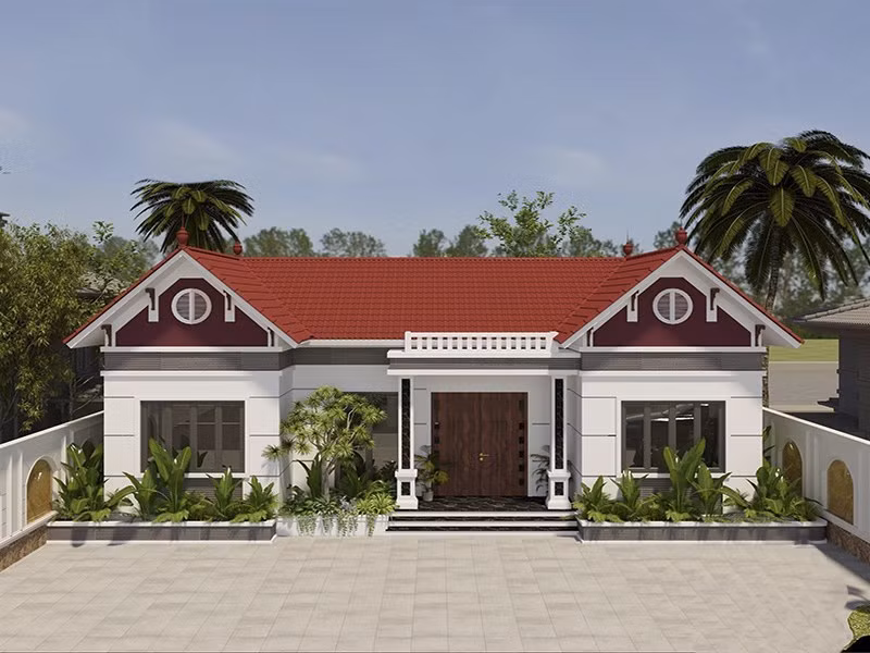 Nhà 1 tầng nổi bật với kiến trúc chữ U, phần hiên trước được ốp đá tự nhiên màu đen tuyền sang trọng. Ảnh: Wedo.