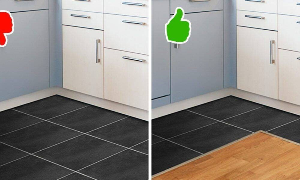 Trong phòng bếp, nếu sử dụng sàn gỗ công nghiệp sẽ dễ bị bong bật và ẩm thấp. Nếu sàn bếp bằng gạch, khi di chuyển sẽ cảm thấy lạnh chân. Vì vậy, cách tốt nhất là kết hợp cả 2 loại vật liệu gạch và gỗ.