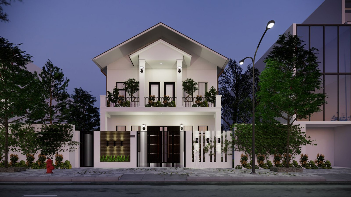 Trên nền trắng tổng thể, những chậu cây, chậu hoa khoe sắc góp phầm điểm thêm sắc màu cho nhà ống 2 tầng.