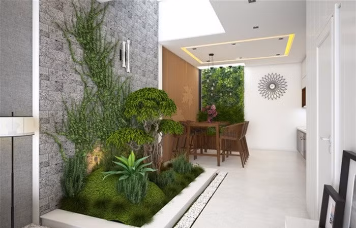 Bản chất giếng trời là một cái ống nên âm thanh truyền trong giếng trời rất vang và rõ. Nếu mặt tường trong giếng trời trơn, phẳng sẽ khiến âm thanh bị vang, người ngồi tầng dưới nói chuyện, người tầng trên có thể nghe thấy, làm mất sự riêng tư.