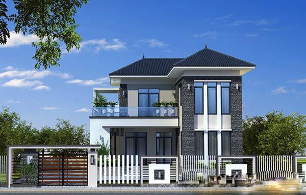 Nhà vườn hiện đại với cửa kình và đá ốp tường kết hợp ban công rộng ở tầng 2 là mẫu nhà được xây nhiều nhất những năm gần đây. Ảnh: Internet.