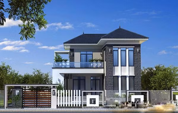 Nhà vườn hiện đại với cửa kình và đá ốp tường kết hợp ban công rộng ở tầng 2 là mẫu nhà được xây nhiều nhất những năm gần đây. Ảnh: Internet.