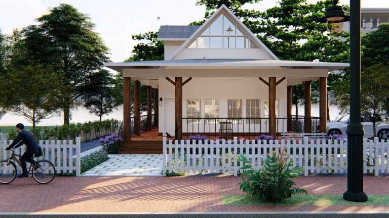 Hàng rào gỗ trắng với thiết kế đan móc kiểu liên kết ngang dọc, vừa đảm bảo tính thẩm mĩ, vừa tiết kiệm chi phí và thời gian thi công. Ảnh: Wedo.