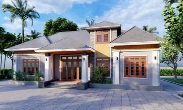 Khuôn viên sân vườn rộng thoáng với nhiều cây xanh là điểm cộng của ngôi nhà cấp 4 có hình khối đa dạng cùng hệ mái màu xám nhã nhặn. Ảnh: Vnexpress.