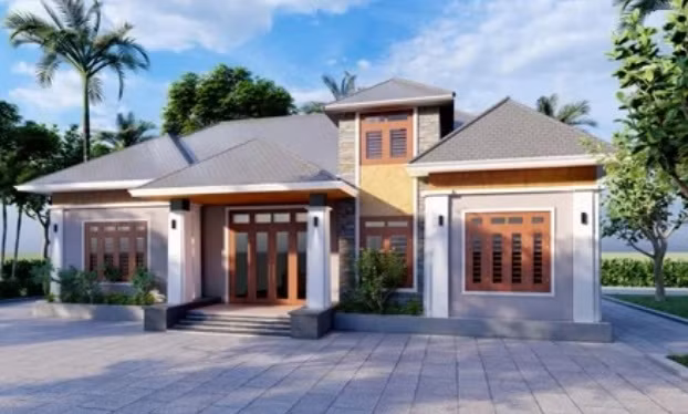 Khuôn viên sân vườn rộng thoáng với nhiều cây xanh là điểm cộng của ngôi nhà cấp 4 có hình khối đa dạng cùng hệ mái màu xám nhã nhặn. Ảnh: Vnexpress.